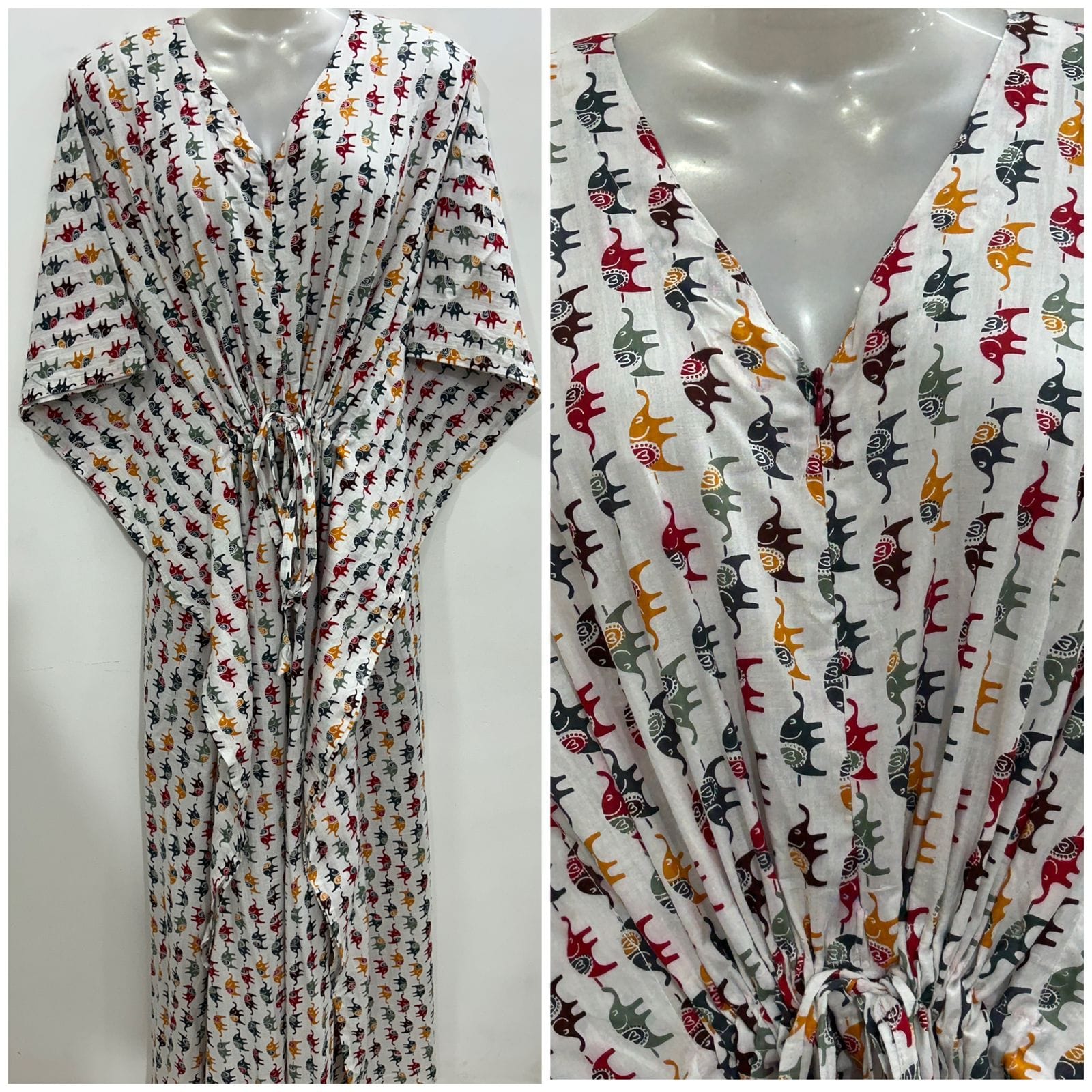White shade Multicolor Tiny Elephant Print Cotton Maternity Nursing Kaftan
