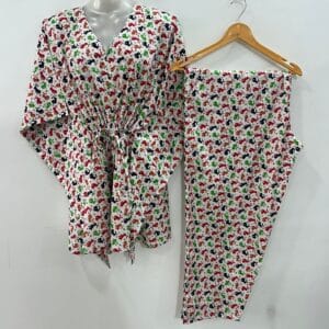 White shade Pink-Blue Rabbit Print Cotton Maternity Kaftan Co-Ord Set