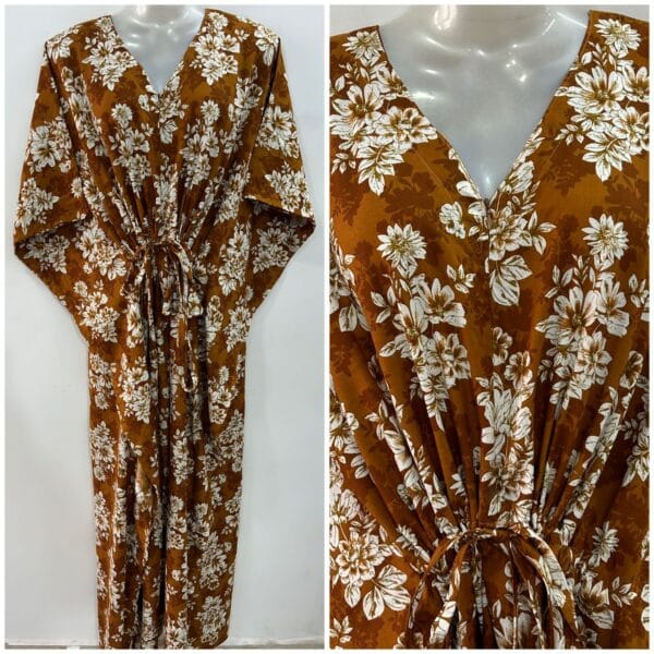 Mustard Brown shade Daylily Flower Bunch Print Rayon Maternity Kaftan