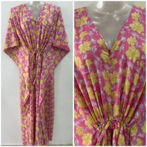 Pink shade Yellow Crocus Flower Print Cotton Maternity Kaftan