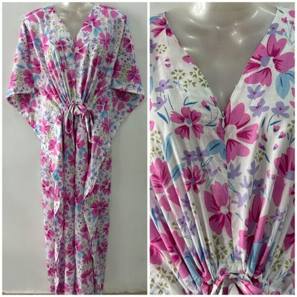 White Shade Pink Moonlight Flower Print Cotton Maternity Kaftan