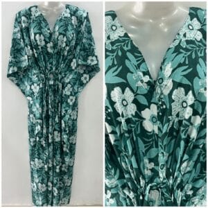 Dark Green Shade White Poppy Flower Garden Print Cotton Maternity Kaftan
