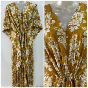 Mustard Yellow shade White Daylily Bunch Flower Print Cotton Maternity Kaftan
