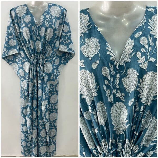 Slate Blue shade Big Dalia Flower Print Cotton Maternity Kaftan