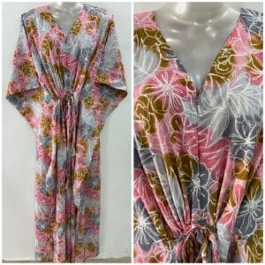 Pink-Grey Shaded Big Flower Outliner Print Cotton Maternity Kaftan