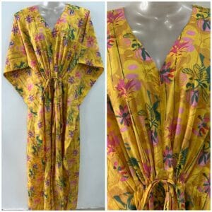 Yellow Shade Aquatic Flower Print Cotton Maternity Kaftan