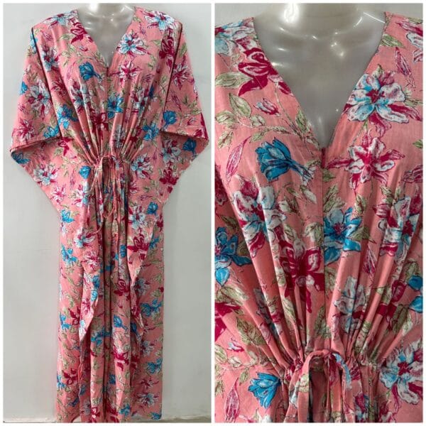 Peach Shade Blue Pink Morning Glory Flower Print Cotton Maternity Kaftan