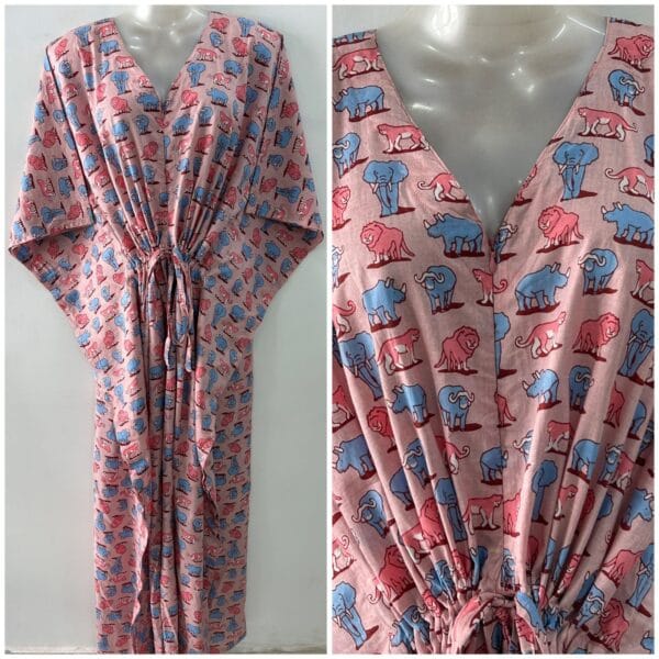 Pastel Pink Shade Animal Print Cotton Maternity Kaftan
