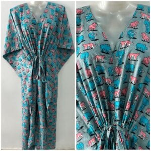 Pastel Blue Shade Animal Print Cotton Maternity Kaftan