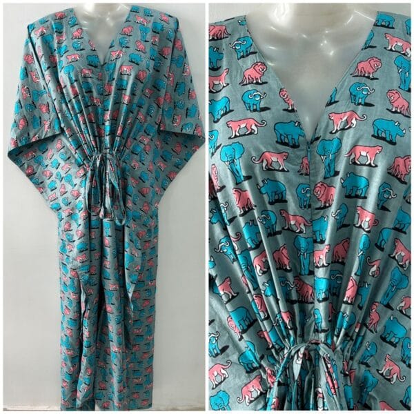 Pastel Blue Shade Animal Print Cotton Maternity Kaftan