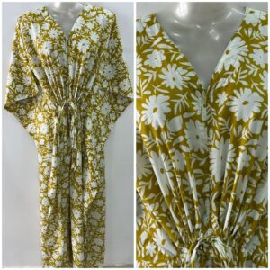 Yellow Shade Daisy Flower Print Cotton Maternity Kaftan