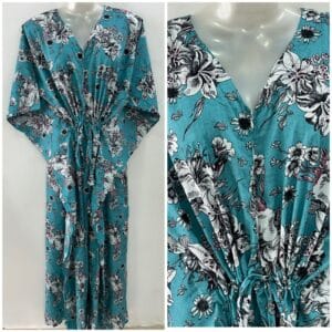 Light Blue Shade Black Lily Flower Print Cotton Maternity Kaftan