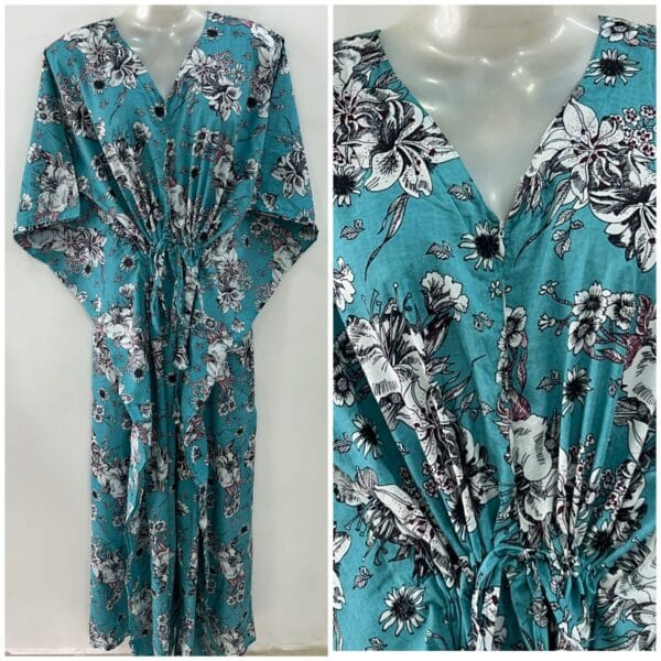 Light Blue Shade Black Lily Flower Print Cotton Maternity Kaftan