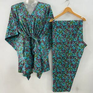 Light Blue Shade Green-Pink Petal Print Cotton Maternity Kaftan Co-Ord Set