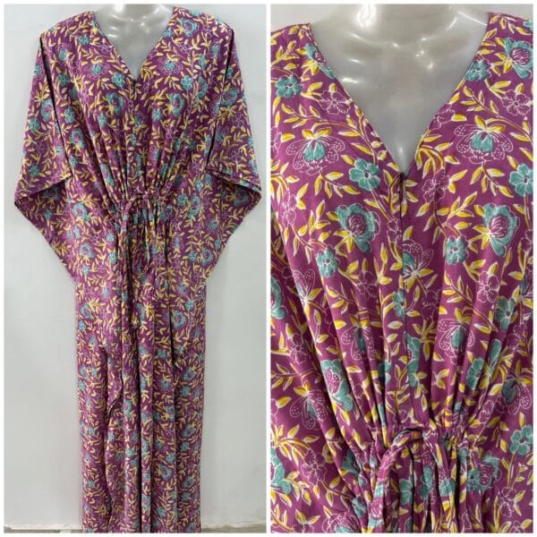 Purple shade Blue flower Yellow Leafy Bale Print Rayon Maternity Kaftan