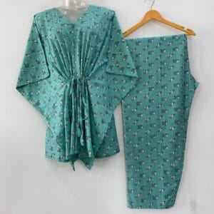 Sea Green Shade Tiny Elephant Print Cotton Maternity Kaftan Co-Ord Set