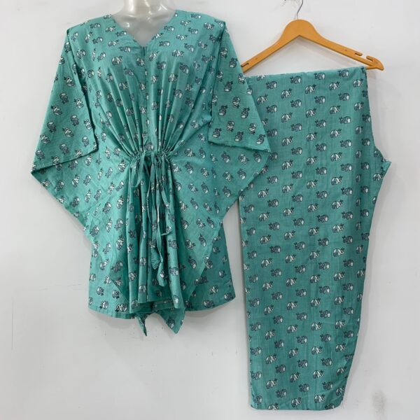 Sea Green Shade Tiny Elephant Print Cotton Maternity Kaftan Co-Ord Set