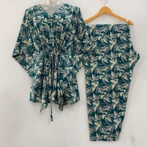 Dark Sea Green Shade Big Petal Print Cotton Maternity Kaftan Co-Ord Set