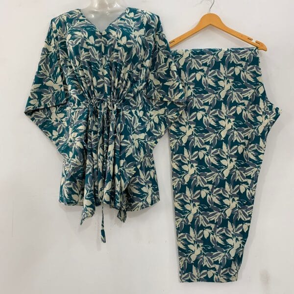 Dark Sea Green Shade Big Petal Print Cotton Maternity Kaftan Co-Ord Set