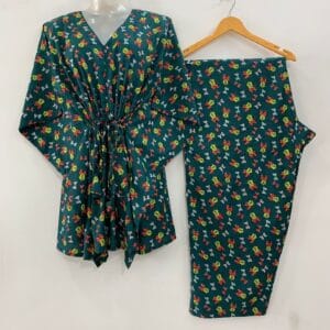 Dark Green Minnie Mouse Print Cotton Maternity Kaftan Co-Ord Set