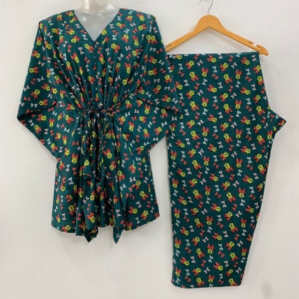 Dark Green Minnie Mouse Print Cotton Maternity Kaftan Co-Ord Set