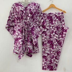 Purple Shade Hibiscus Leafy Print Cotton Maternity Kaftan Co-Ord Set