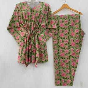 Light Green Shade Pink Crocus Flower Print Cotton Maternity Kaftan Co-Ord Set