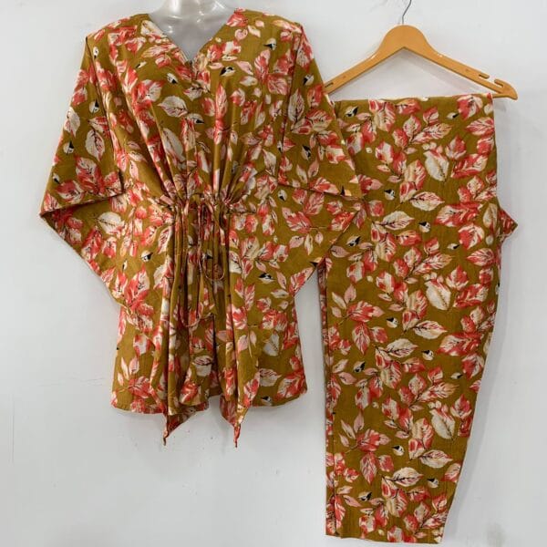 Mustard Brown Shade Orange Leafy Print Cotton Maternity Kaftan Co-Ord Set