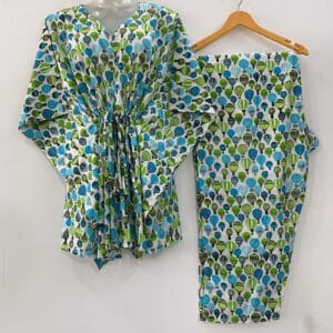 Blue, Green Parachute Print Cotton Maternity Kaftan Co-Ord Set