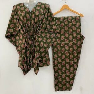 Green Shade Indo Ethnic Elephant Print Cotton Maternity Kaftan Co-Ord Set
