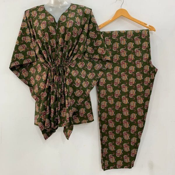 Green Shade Indo Ethnic Elephant Print Cotton Maternity Kaftan Co-Ord Set