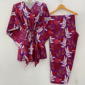 Purple Shade White Red Flora Fauna Print Cotton Maternity Kaftan Co-Ord Set