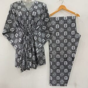 Black Dotted Bunch Flower Block Print Cotton Maternity Kaftan Co-Ord Set