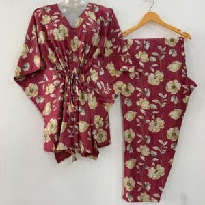 Dark Pink Shade Tiffny Rose Print Cotton Maternity Kaftan Co-Ord Set