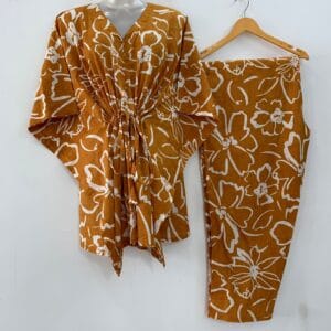 Mustard Yellow Shade Big Outliner Flower Print Cotton Maternity Kaftan Co-Ord Set