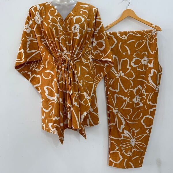 Mustard Yellow Shade Big Outliner Flower Print Cotton Maternity Kaftan Co-Ord Set