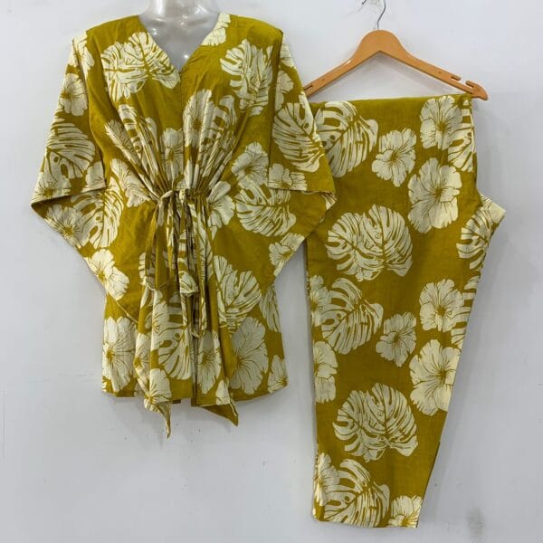 Yellow Shade Monstera Leafy Print Cotton Maternity Kaftan Co-Ord Set
