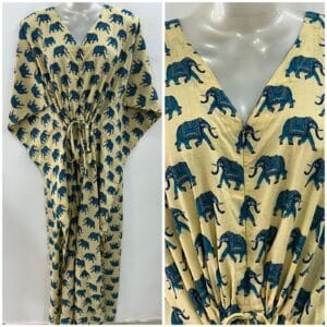 Creamish Shade Blue Elephant Print Cotton Maternity Kaftan