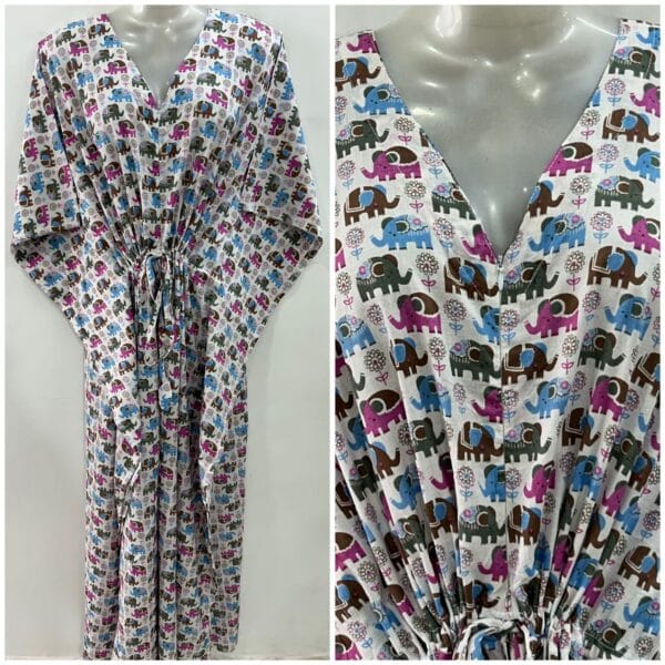 Blue-Pink Elephant Print Cotton Maternity Kaftan