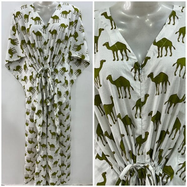 White Shade Green Camel Print Cotton Maternity Kaftan