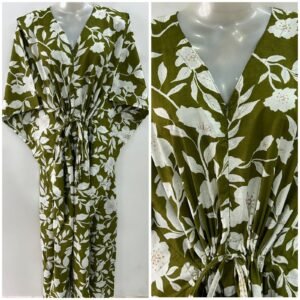 Olive shade White Orchid flower Print Cotton Maternity Kaftan