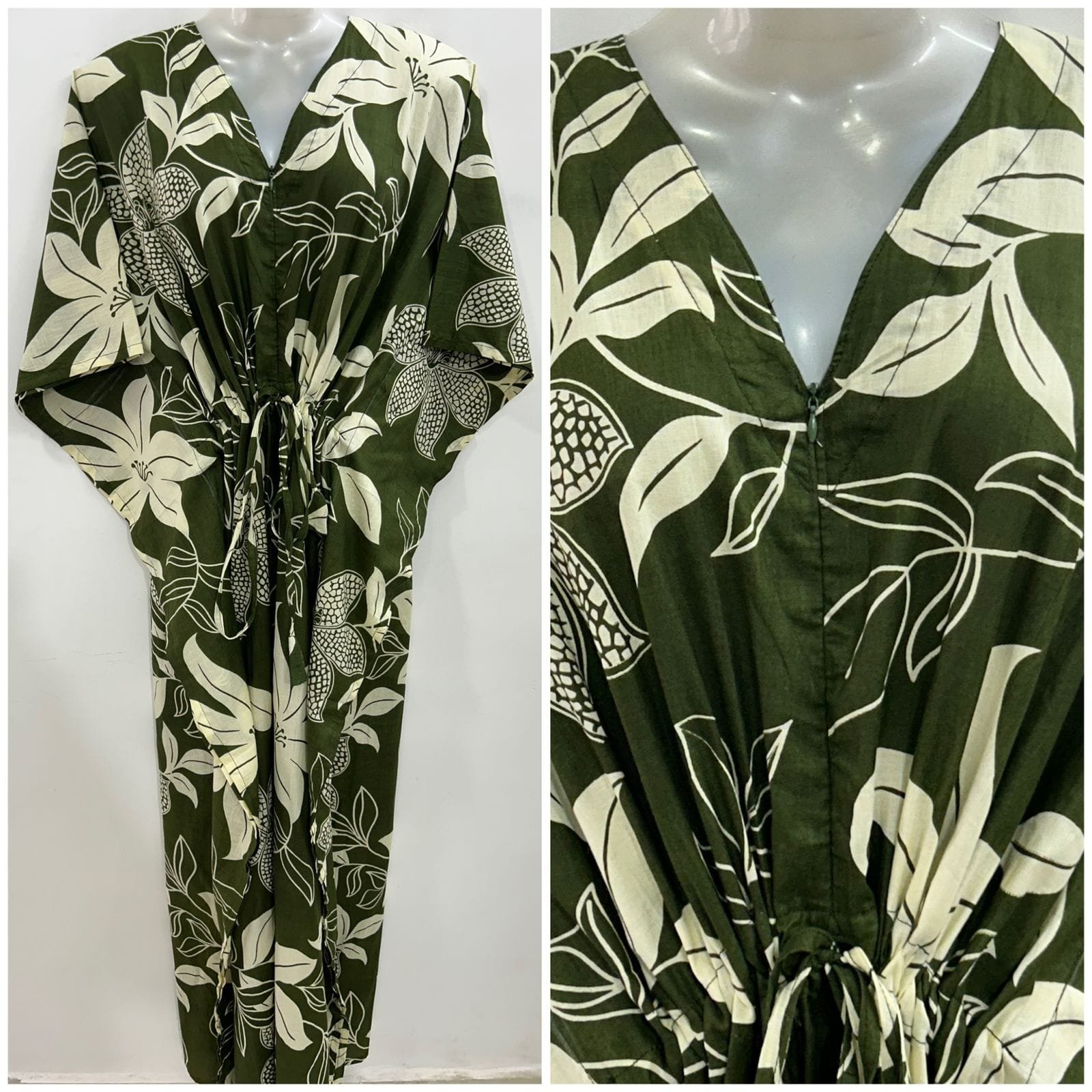 Olive Green Big Balloon Flower Print Cotton Maternity Kaftan