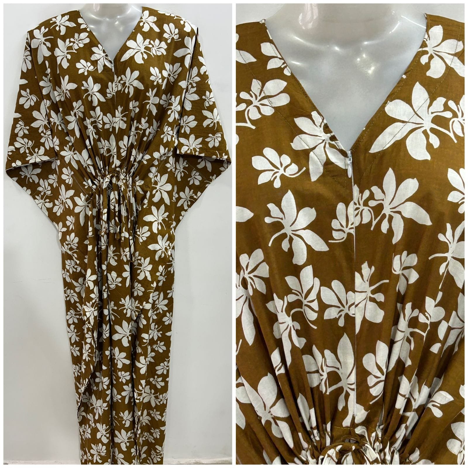 Brown shade Autumn Leafy Print Cotton Maternity Kaftan