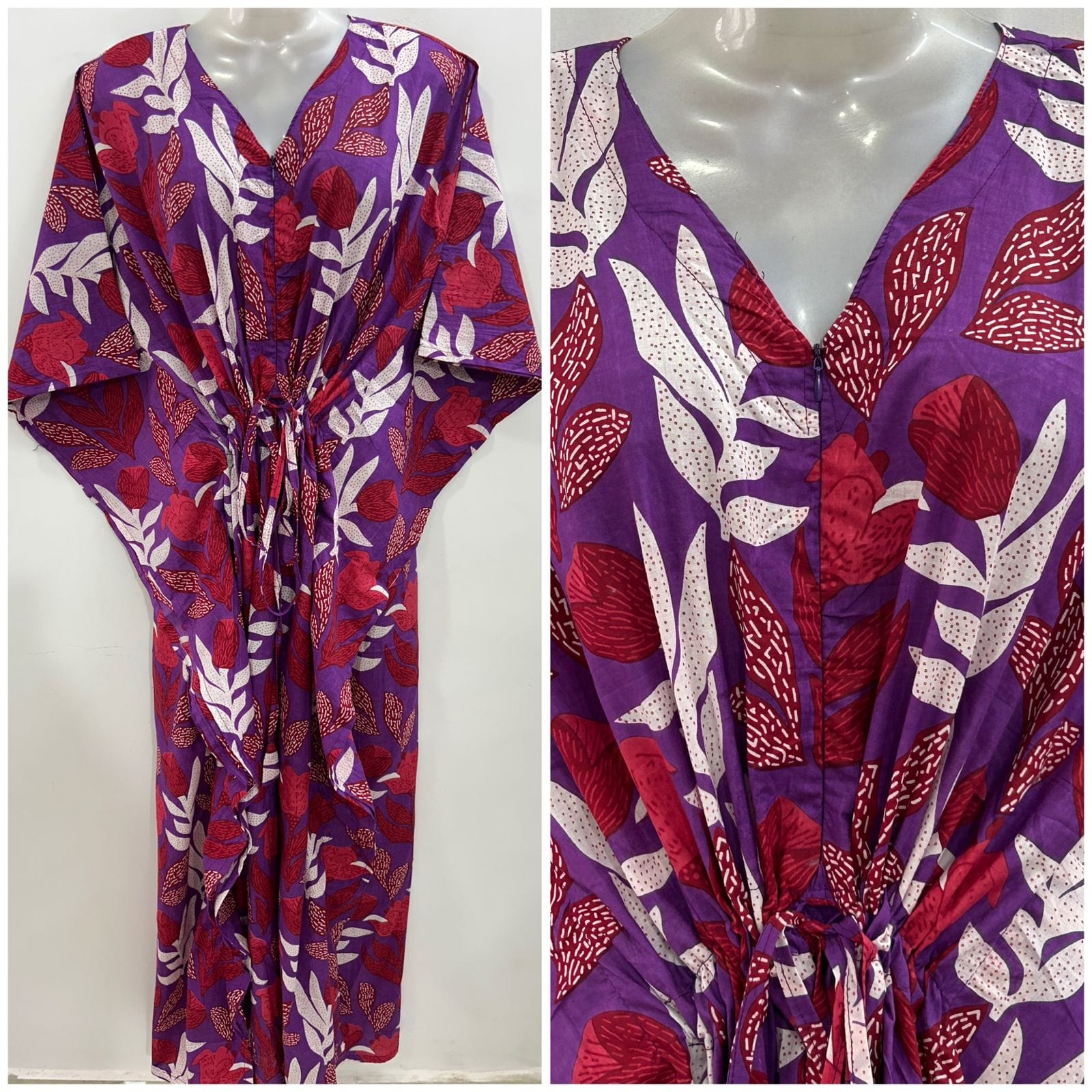 Purple shade Red Tulip Flower Print Cotton Maternity Nursing Kaftan