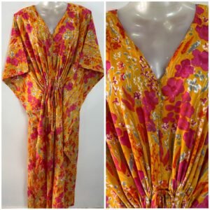 Mustard Yellow Pink Buttercup Flower Print Cotton Maternity Kaftan