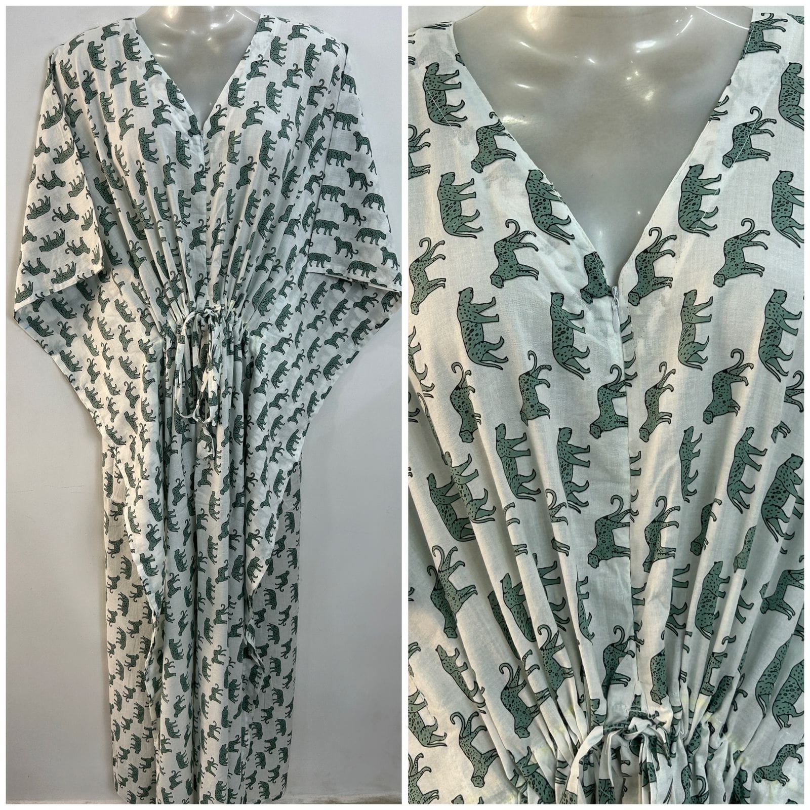 White shade Green Leopard Print Cotton Maternity Nursing Kaftan