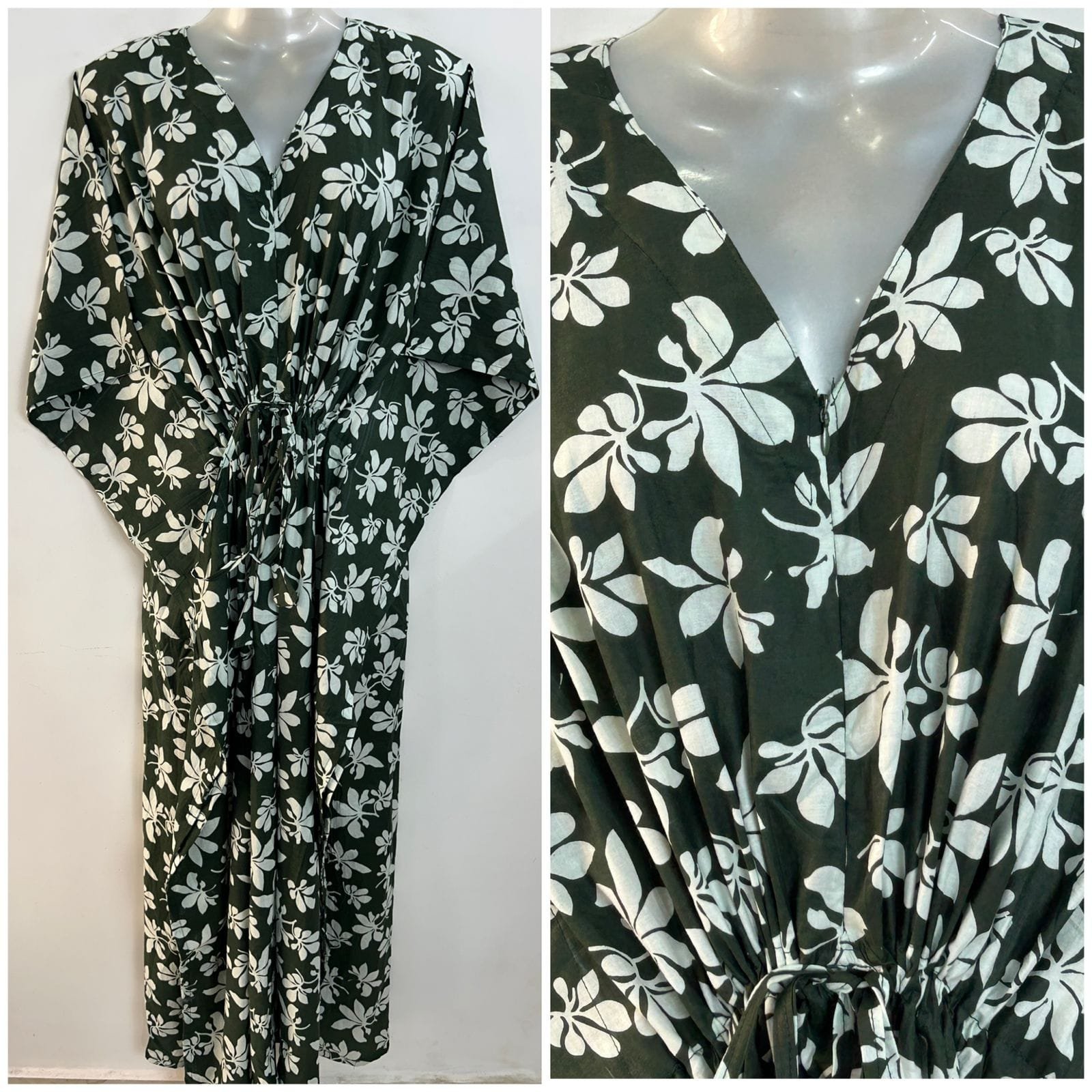 Green Autumn Leafy Print Cotton Maternity Kaftan