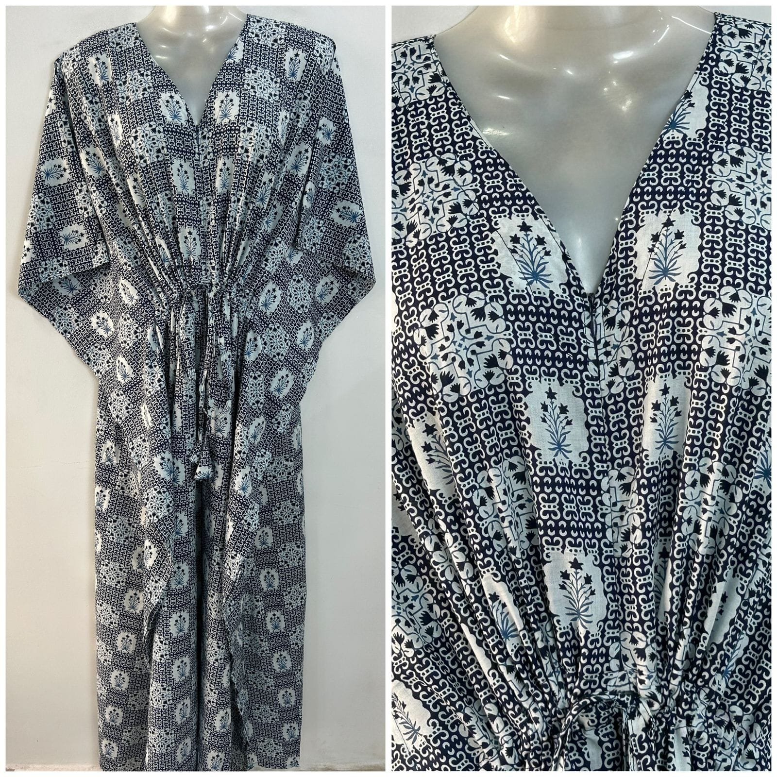 Blue shade Dotted square flower Print Cotton Maternity Kaftan