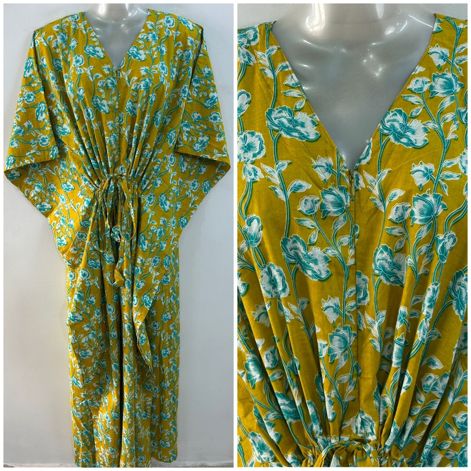 Lime Yellow shade Blue flower Bale Print Cotton Maternity Nursing Kaftan