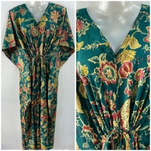 Green shade Pink Marigold Flower Print Cotton Maternity Kaftan